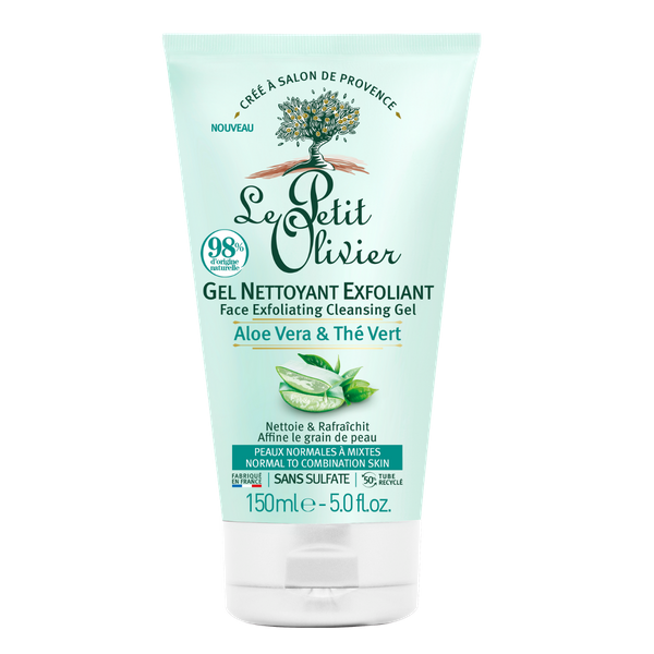 Gel Nettoyant Exfoliant Aloe Vera & Thé Vert , Peaux normales à mixtes , 150ml