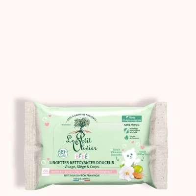 Lingettes Bébé Nettoyantes Douceur Amande Douce & Olive, Visage, Siège & Corps, 56 lingettes