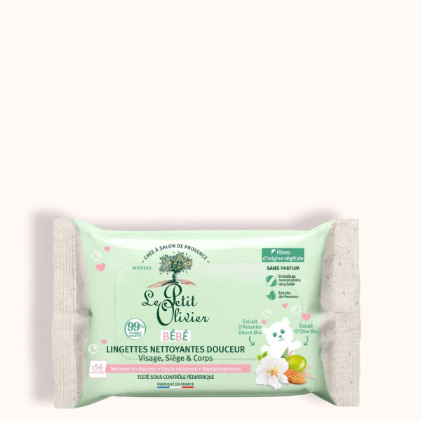 Lingettes Bébé Nettoyantes Douceur Amande Douce & Olive, Visage, Siège & Corps, 56 lingettes