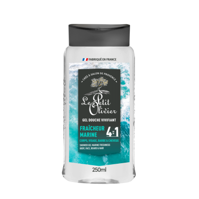 Gel Douche Vivifiant, Fraicheur Marine, 4 en 1, Corps, Visage, Barbe & Cheveux 250ml
