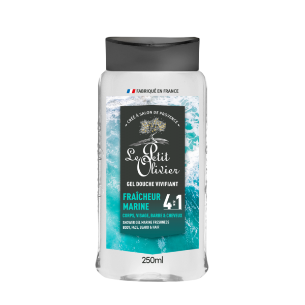 Gel Douche Vivifiant, Fraicheur Marine, 4 en 1, Corps, Visage, Barbe & Cheveux 250ml